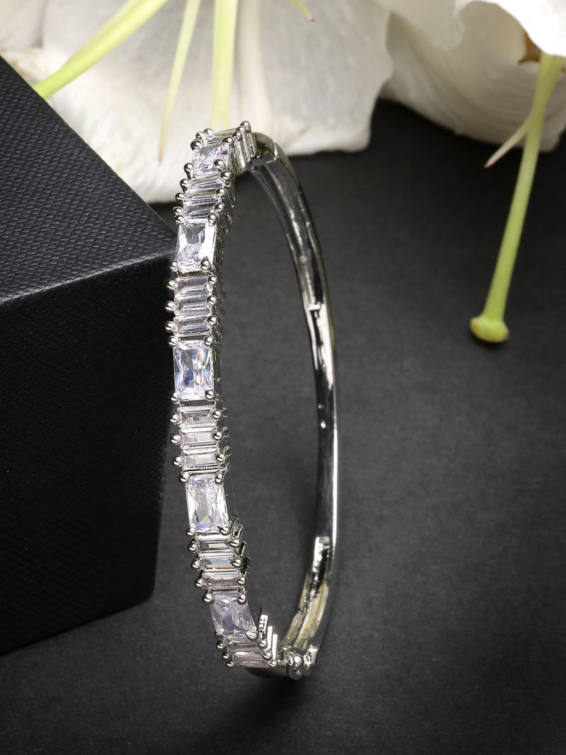 Rhodium Plated with White American Diamond Studded Kada Bracelet