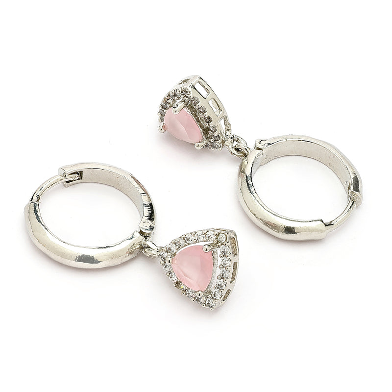Rhodium Plated Silver Toned Triangle Shaped Pink And White American Diamond Studded Hoop Earrings