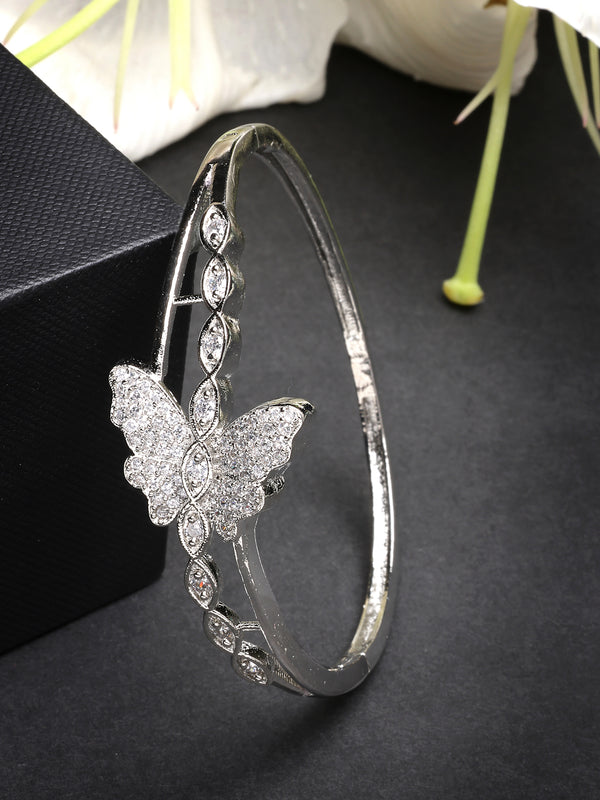 Rhodium Plated with White American Diamond Studded Butterfly Design kada Bracelet