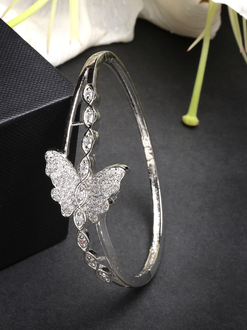 Rhodium Plated Silver Toned  Butterfly Shaped White American Diamond Studded Bracelet