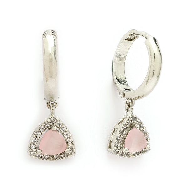 Rhodium Plated Silver Toned Triangle Shaped Pink And White American Diamond Studded Hoop Earrings