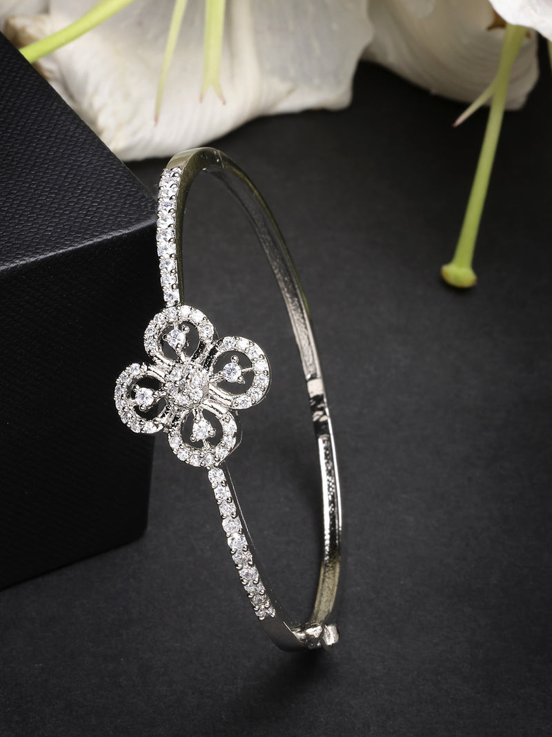 Rhodium Plated with White American Diamond Studded Floral Design kada Bracelet