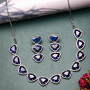 Rhodium Plated Silver Toned Blue Trillion Cut American Diamond Studded  Necklace With Matching Drop Earrings