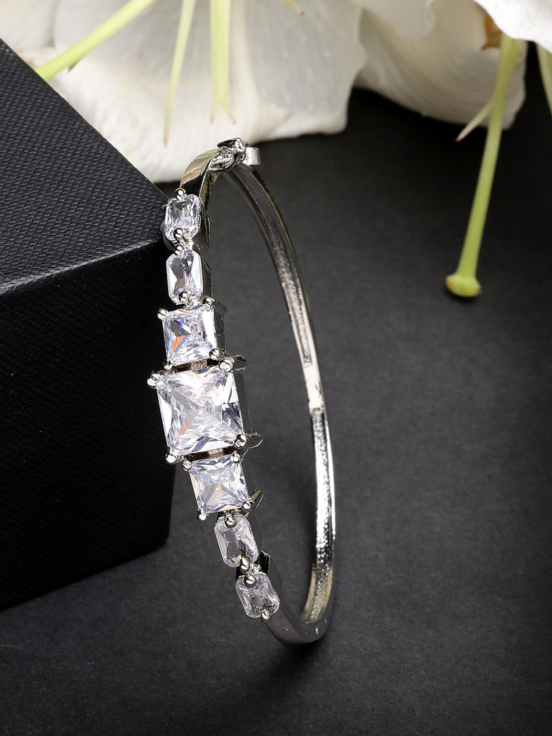 Rhodium Plated with Square Shaped White American Diamond Studded Kada Bracelet