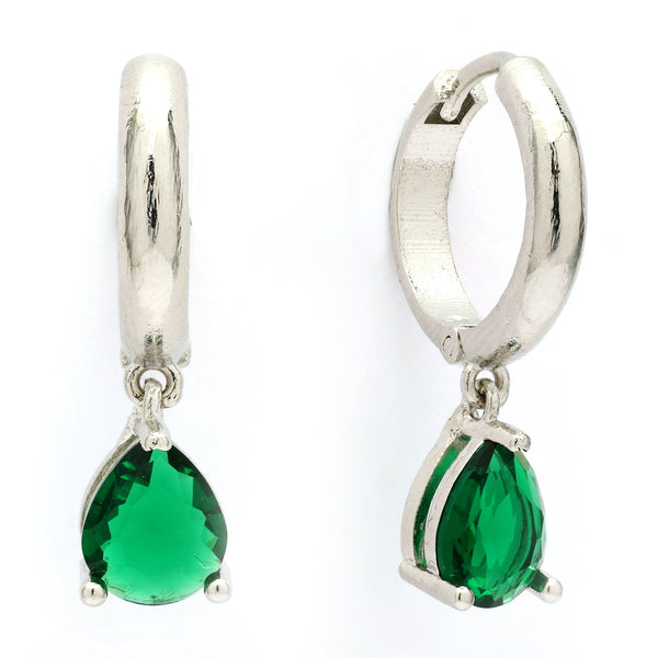 Rhodium Plated Silver Toned Teardrop Shaped Green American Diamond Studded Hoop Earrings