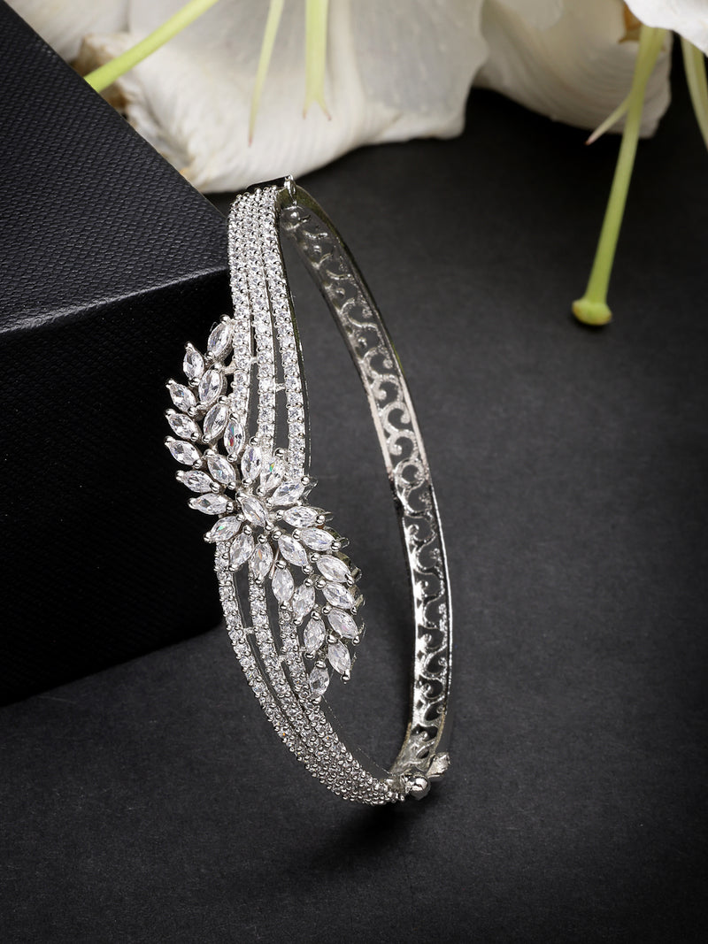 Rhodium Plated with White American Diamond Studded Leaf Design Kada Bracelet