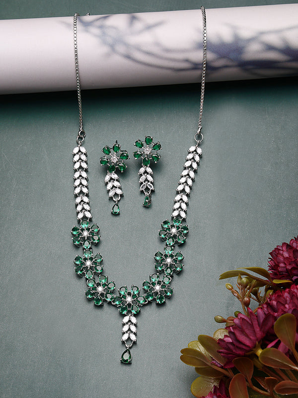 Rhodium Plated with Beautiful Floral Design Green & white AD Stones Studded Necklace Set