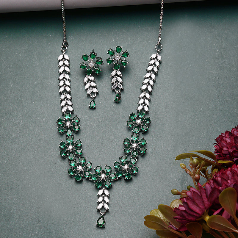 Rhodium Plated Floral Design Green & white American Diamond Stones Studded Jewellery Set