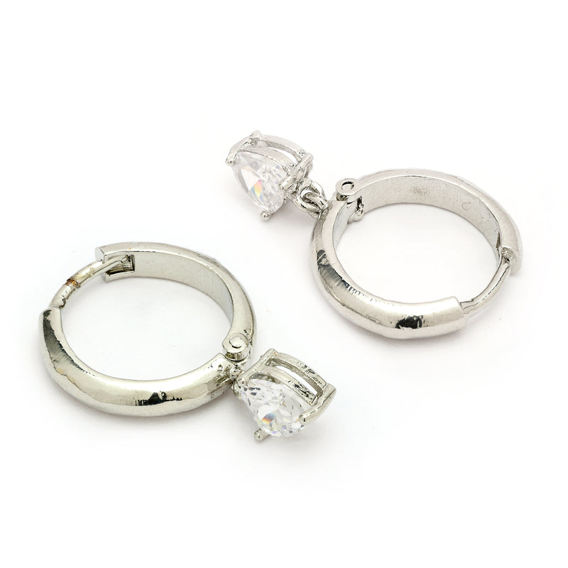 Rhodium Plated Silver Toned Teardrop Shaped White American Diamond Studded Hoop Earrings