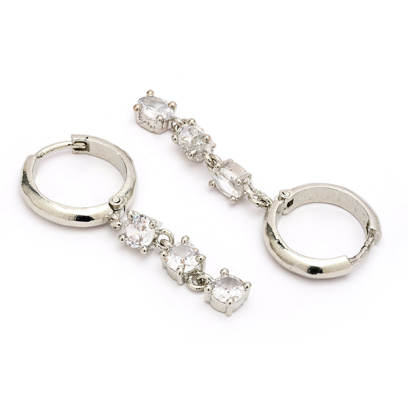 Rhodium Plated Silver Toned Drop Shaped White American Diamond Studded Hoop Earrings