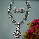 Rhodium Plated Silver Toned Square Green AD Studded Nita Ambani Necklace Set With Matching Stud Earrings Celebrity Jewellery Set