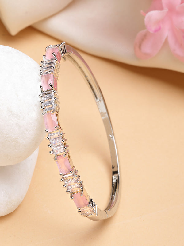 Rhodium Plated with Pink & White American Diamond Studded Kada Bracelet