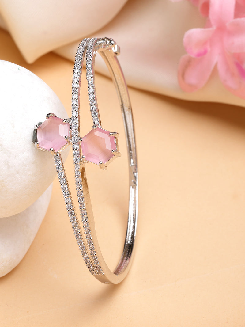 Rhodium Plated with Pink American Diamond Studded Sleek Design Kada Bracelet