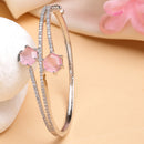 Rhodium Plated Silver Toned Round Shaped Pink American Diamond Studded Bracelet