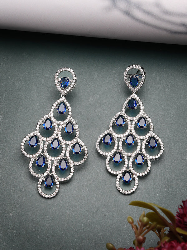 Rhodium Plated Silver Toned with Blue American Diamond Dangler Earrings