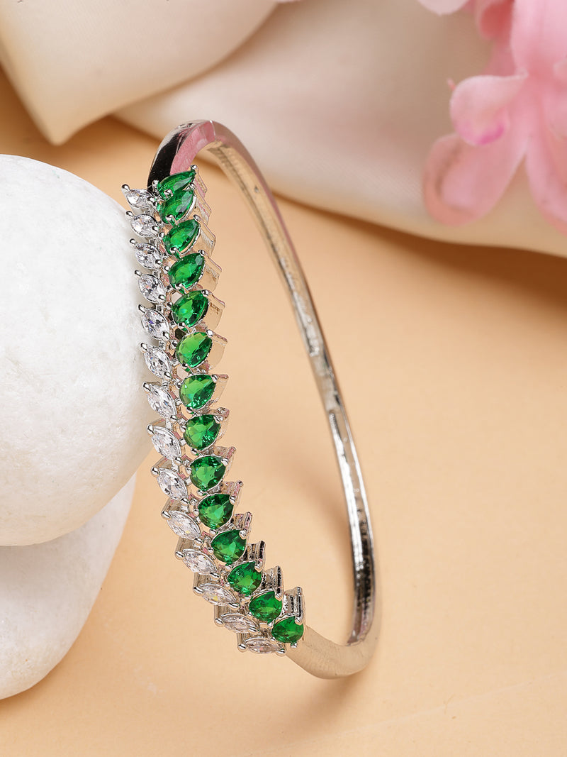 Rhodium Plated with Leaf Shaped Design & Green American Diamond Studded Kada Bracelet