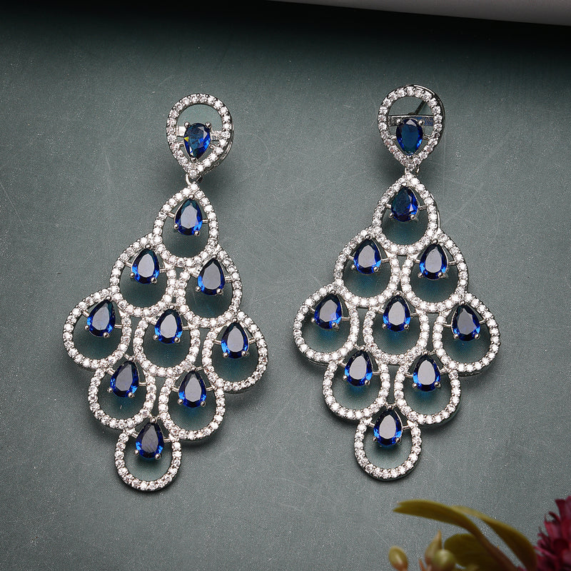 Rhodium Plated Silver Toned with Blue American Diamond Dangler Earrings