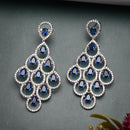 Rhodium Plated Chandelier Blue American Diamond Contemporary Long Drop Earrings