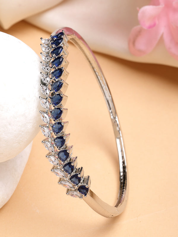 Rhodium Plated with Leaf Shaped Design & Blue American Diamond Studded Kada Bracelet