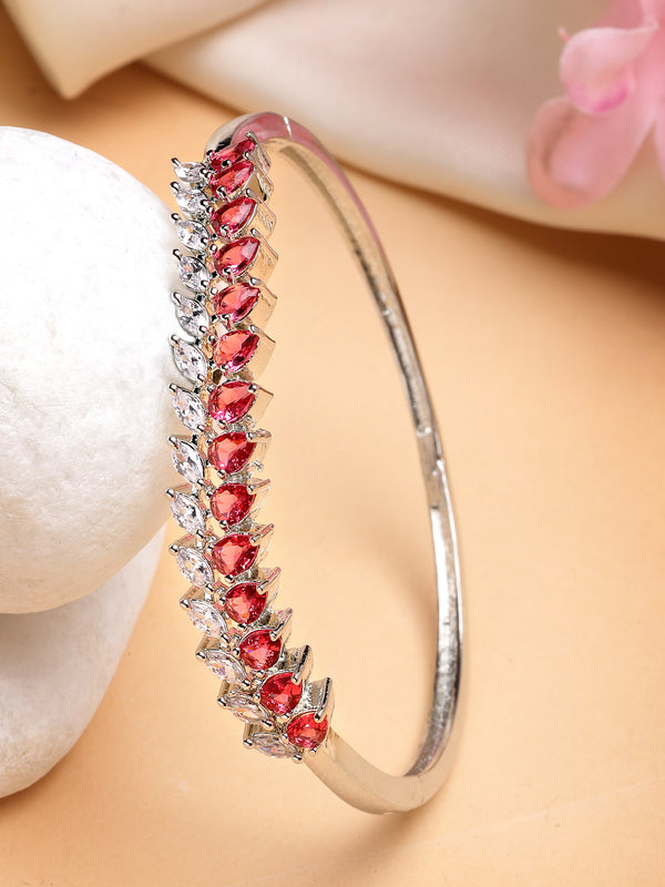 Rhodium Plated with Leaf Shaped Design & Red American Diamond Studded Kada Bracelet