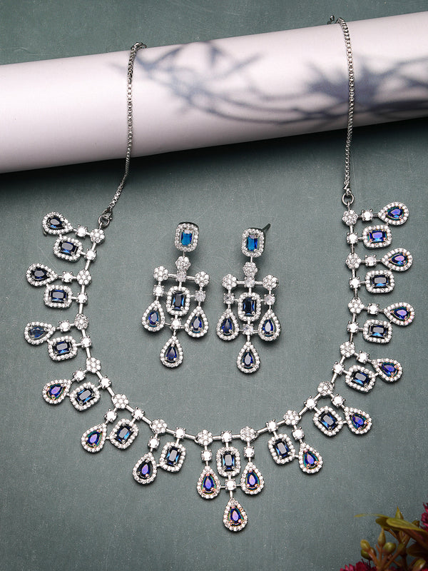 Rhodium Plated with Royal Design & Blue American Diamond Stones Studded Necklace Set