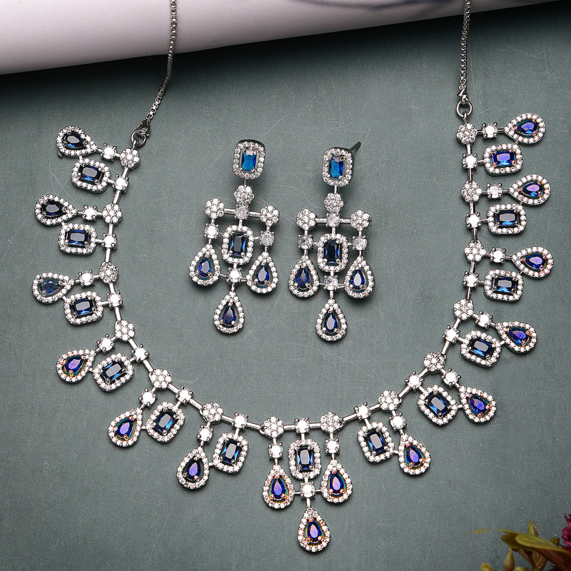 Rhodium Plated Royal Blue American Diamond Stones Studded Jewellery Set