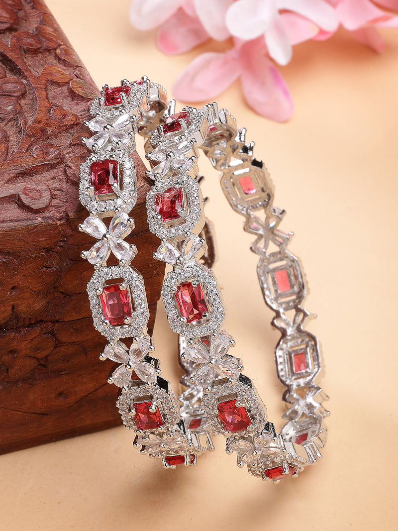 Rhodium Plated with Red American Diamonds Studded Kada Bangles