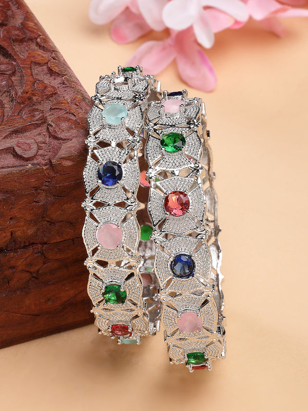 Rhodium Plated with Multicolor American Diamond Studded Floral Design Kada Bangles