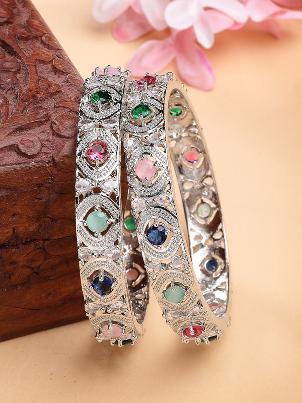 Rhodium Plated with Multicolor American Diamond Studded Kada Bangles