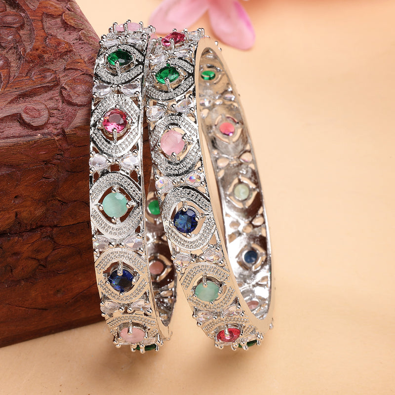 Rhodium Plated Multicolor American Diamond Studded Kada Bangles