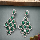 Rhodium Plated Chandelier Green American Diamond Contemporary Long Drop Earrings