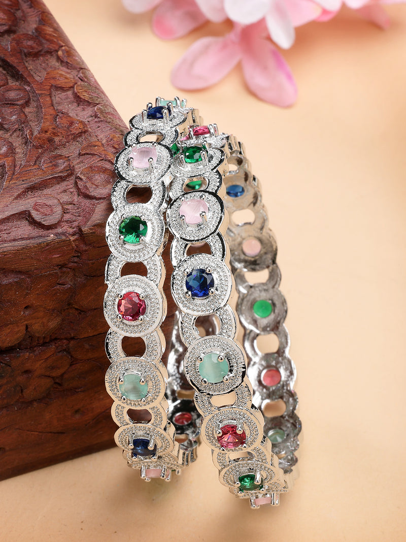 Rhodium Plated with Multicolor American Diamond Studded Circular Design Kada Bangles