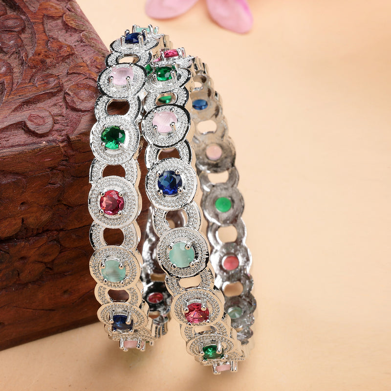 Rhodium Plated Multicolor American Diamond Studded Circular Design Bangles