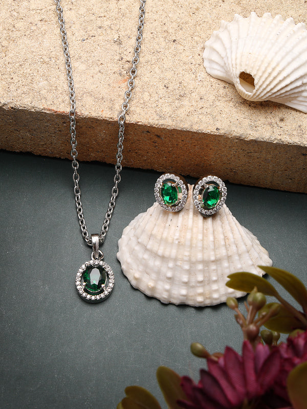 Rhodium Plated with Oval Shaped Green American Diamond Studded Pendant Set