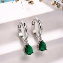 Rhodium Plated Silver Toned Teardrop Shaped Green American Diamond Studded Hoop Earrings