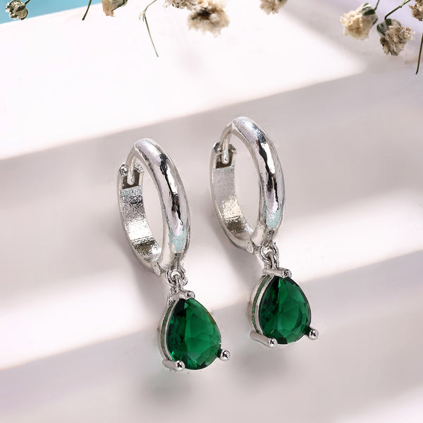 Rhodium Plated Silver Toned Teardrop Shaped Green American Diamond Studded Hoop Earrings