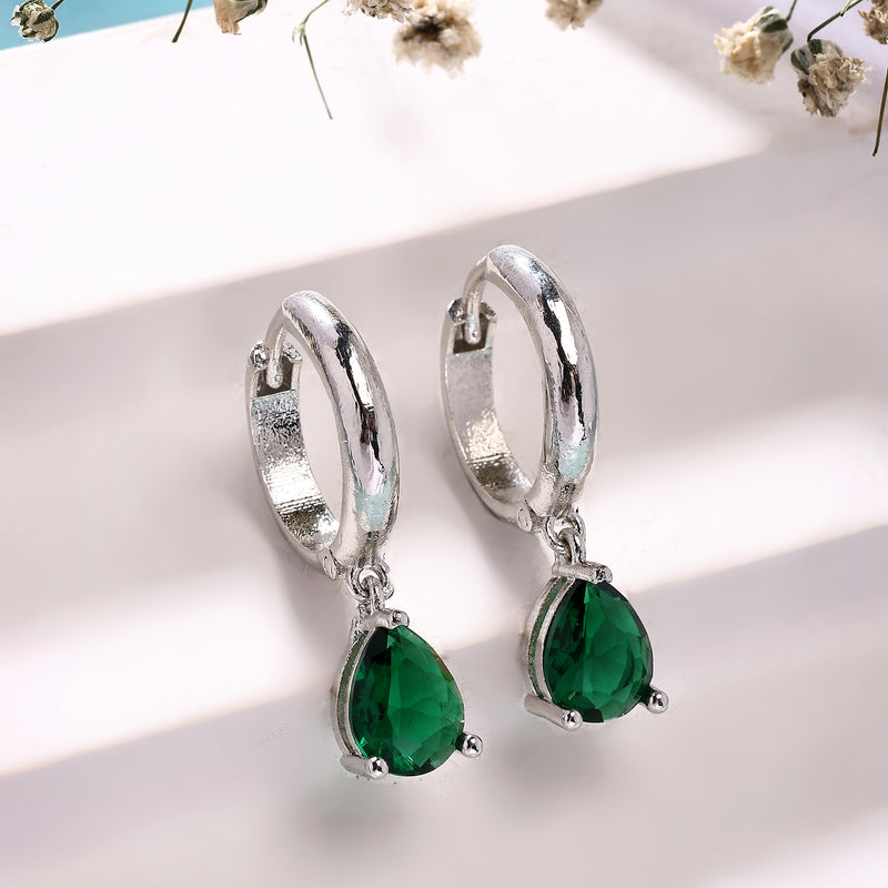 Rhodium Plated Silver Toned Teardrop Shaped Green American Diamond Studded Hoop Earrings