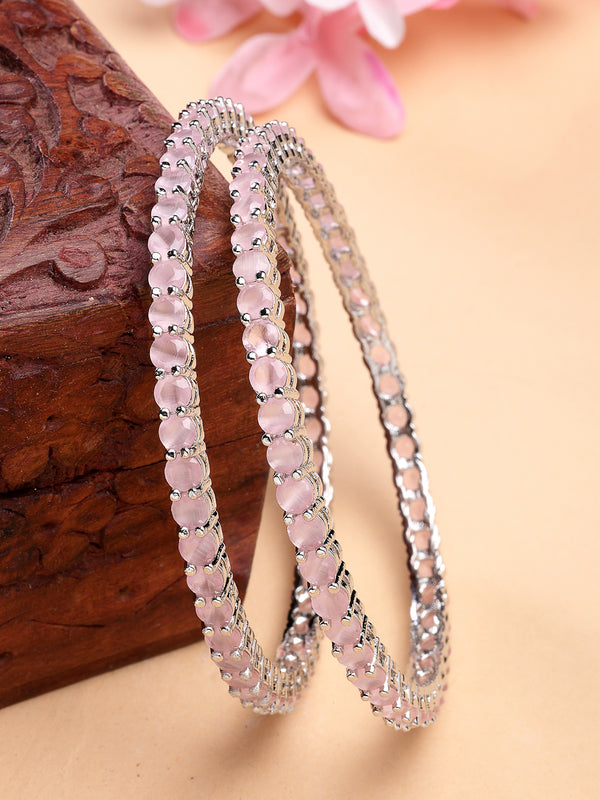 Rhodium Plated with Pink American Diamond Studded Thin Bangles