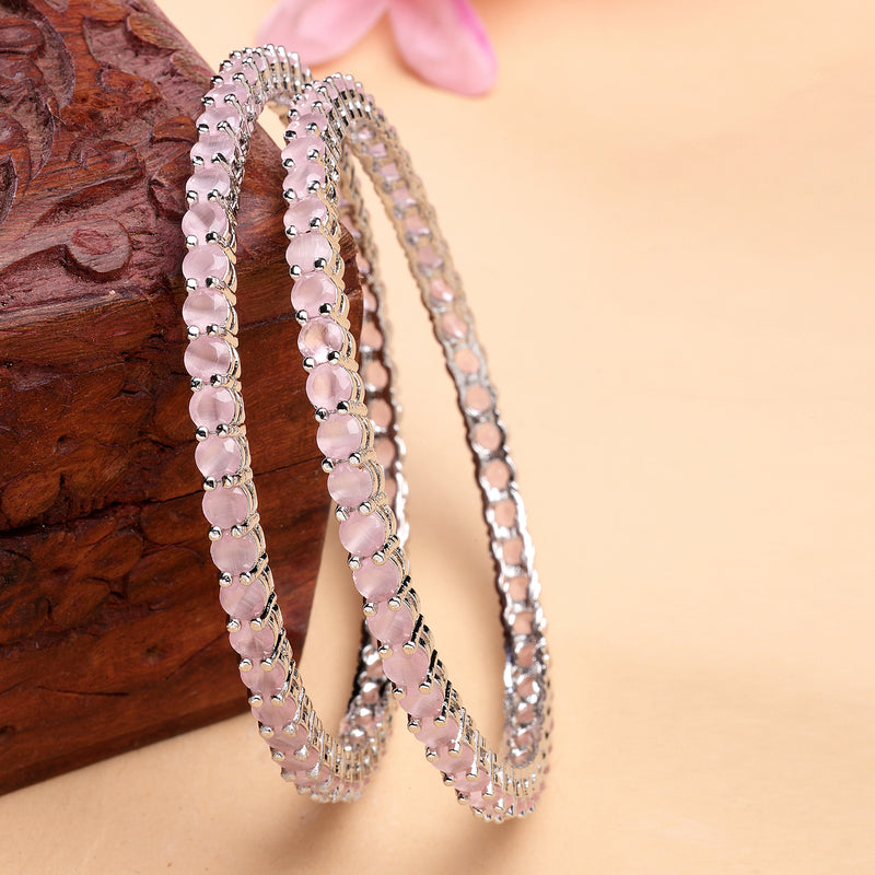 Rhodium Plated Pink American Diamond Studded Thin Bangles