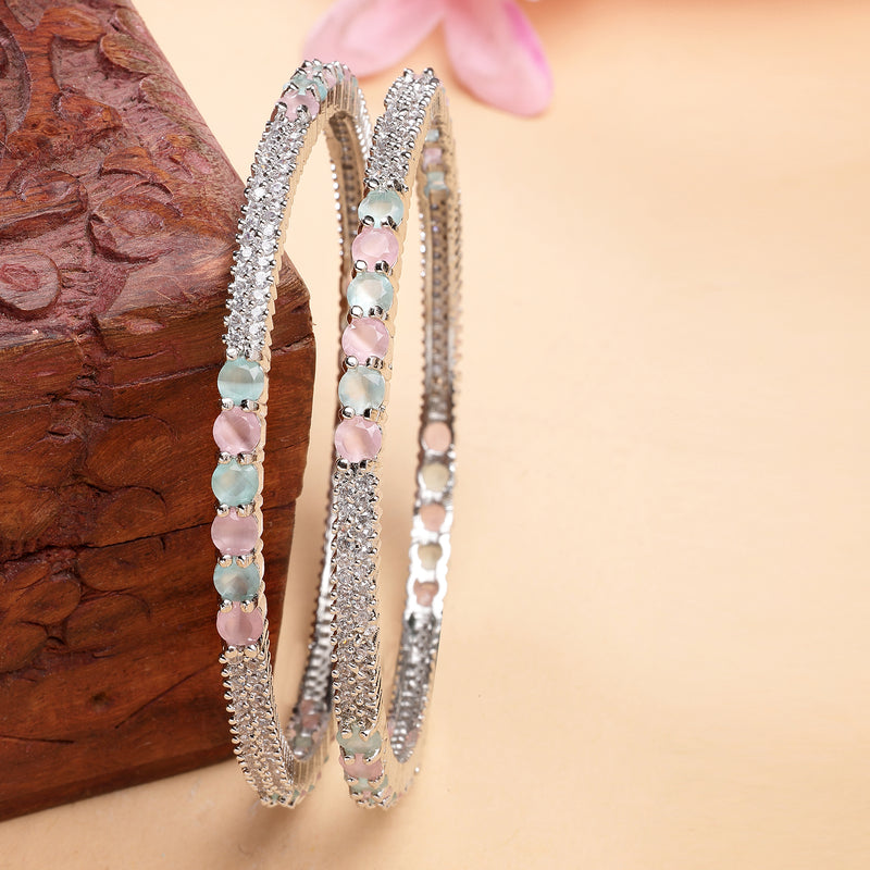 Rhodium Plated Pastel American Diamonds Studded Kada Bangles