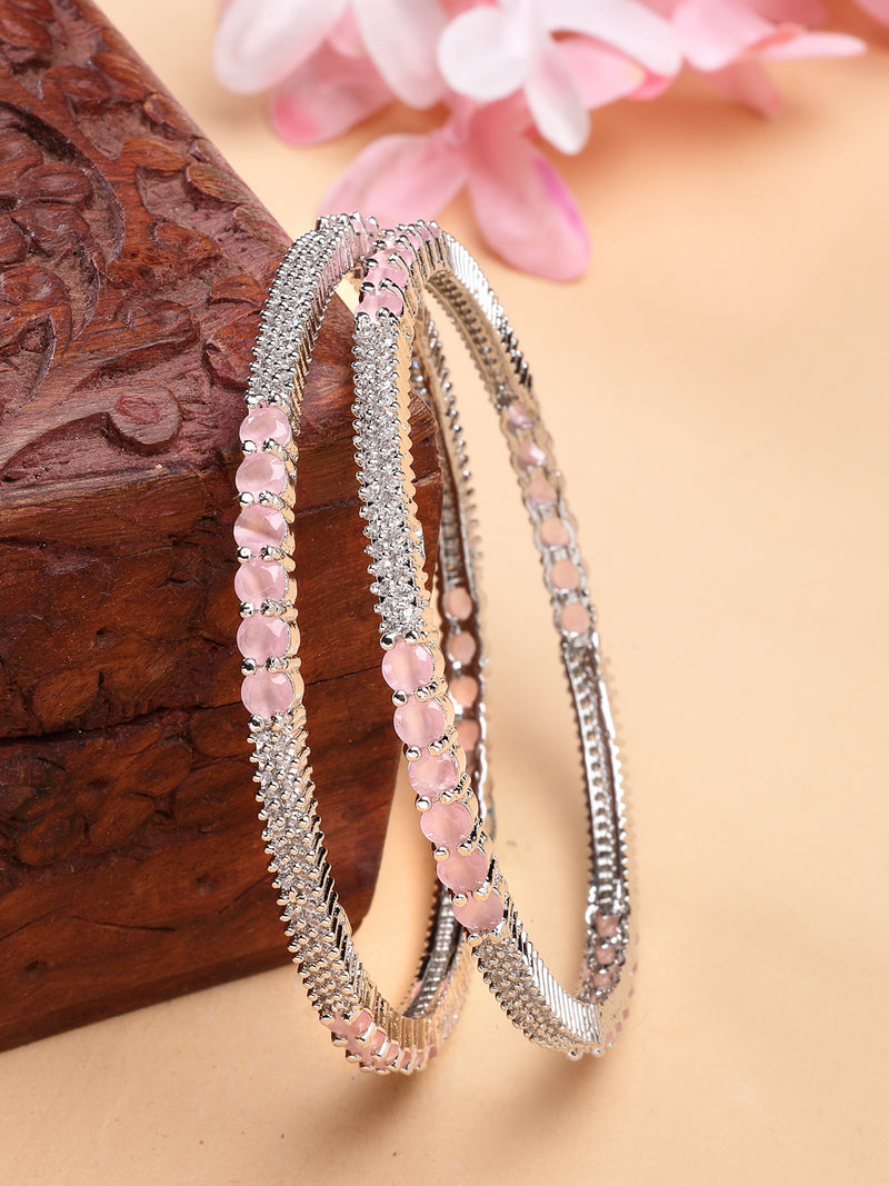 Rhodium Plated with Pink American Diamonds Studded Kada Bangles