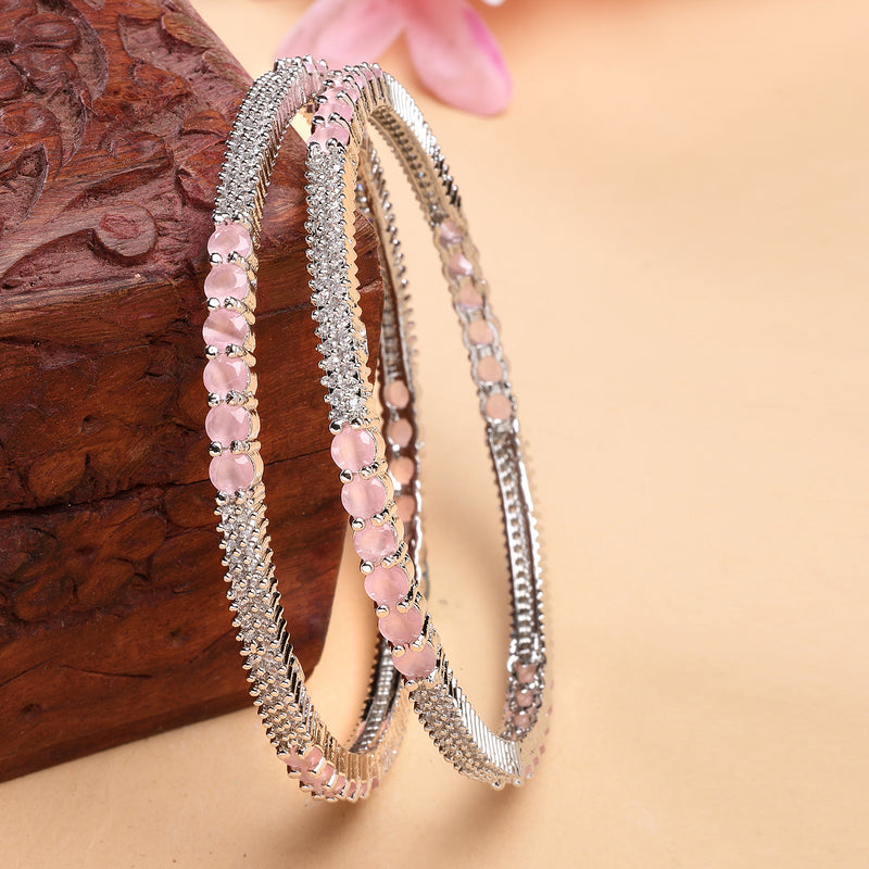 Rhodium Plated Pink American Diamonds Studded Bangles