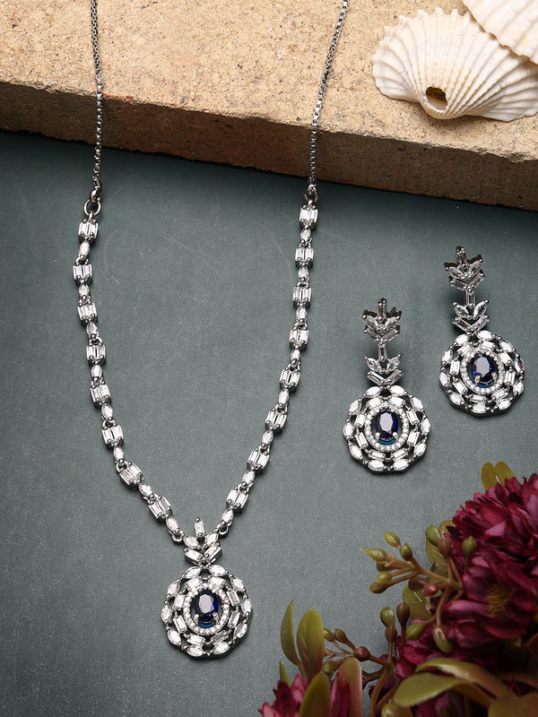 Rhodium Plated with Classy Design Blue & white AD Stones Studded Necklace Set