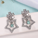 Rhodium Plated Silver Toned Starry Floral Shaped Sea Green & White American Diamond Studded Drop Earrings
