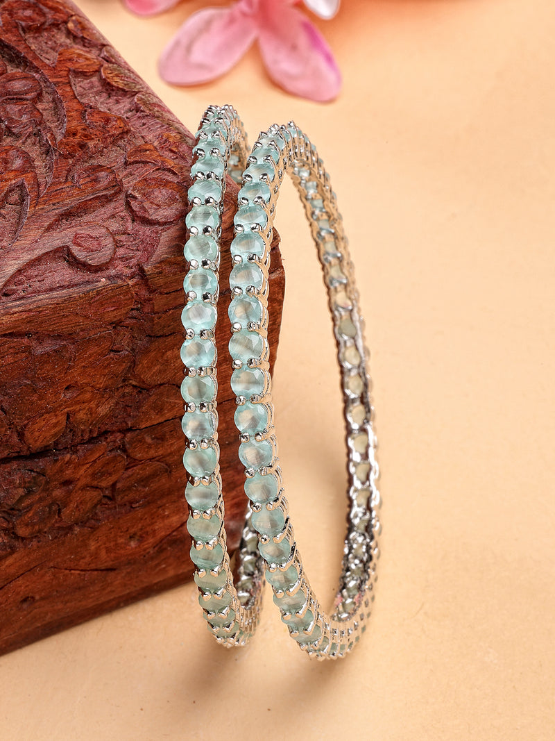 Rhodium Plated with Sea Green American Diamond Studded Thin Bangles