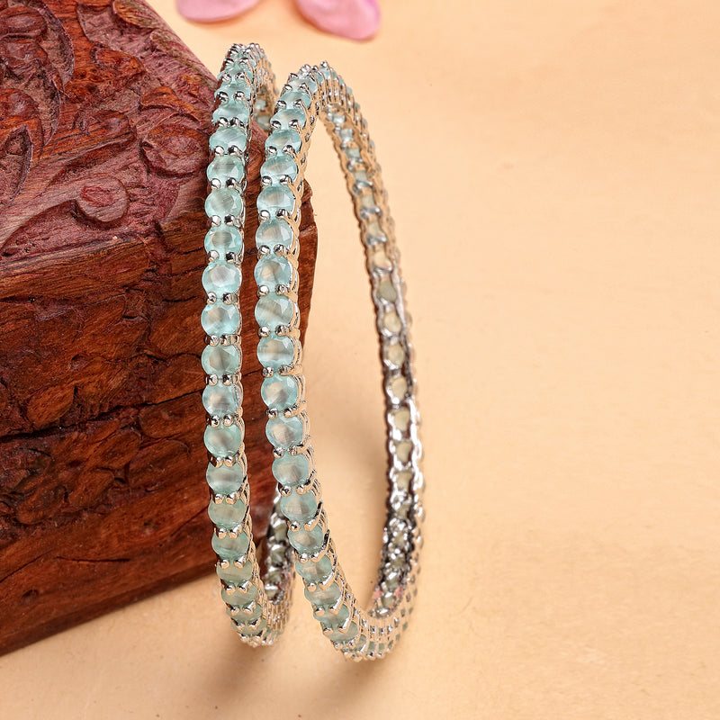 Rhodium Plated Sea Green American Diamond Studded Thin Bangles