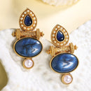 Traditional Gold Plated Oval Shaped Blue Stone And Pearl Studded Earrings