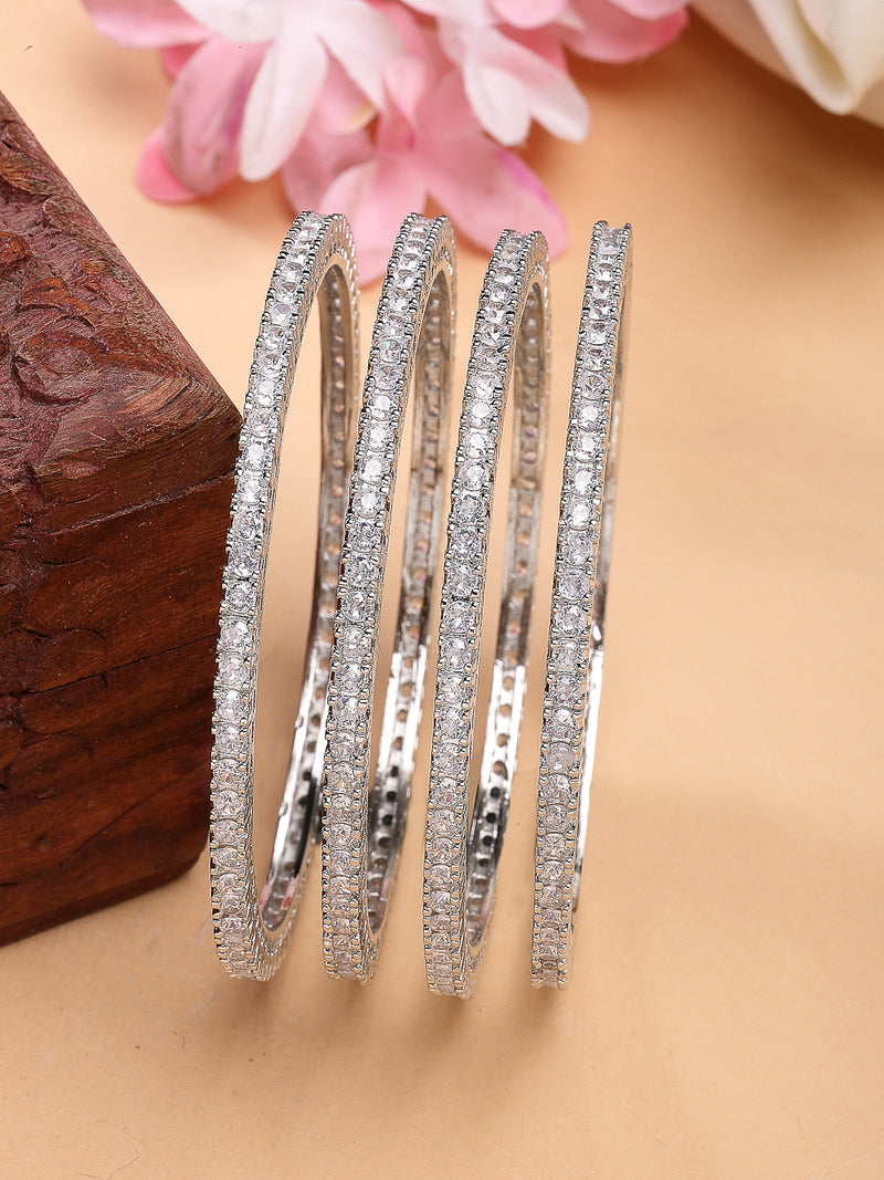 Rhodium Plated with Small White American Diamond Studded Thin Bangles