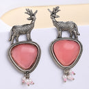 Oxidised Silver Toned Deer Shaped Pink CZ Stone Studded Pearl Beaded Earrings