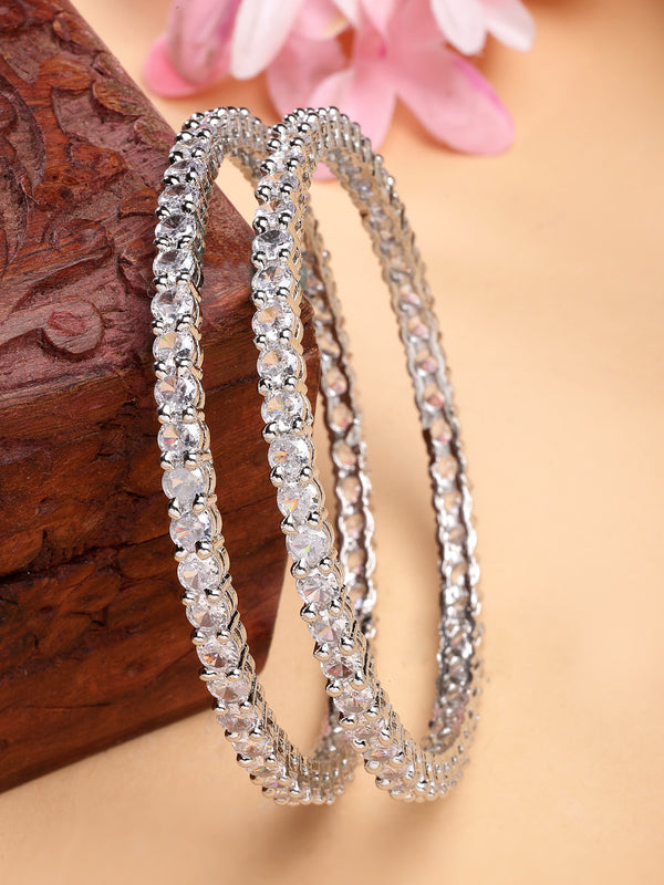 Rhodium Plated with White American Diamond Studded Thin Bangles